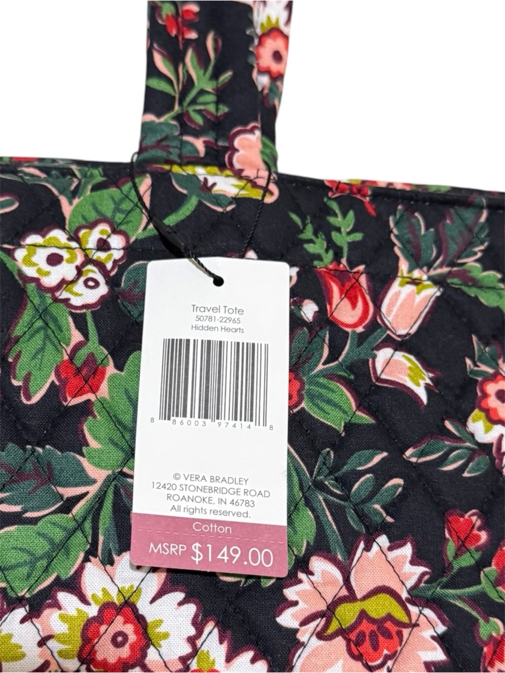 Vera Bradley Black Floral Tote Bag with Pink and Green Accents - Picture 2 of 4